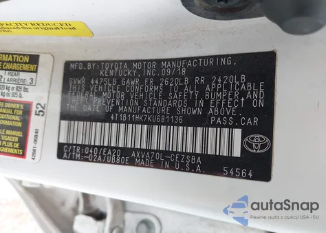 2019 Toyota Camry Se из США, поврежденный, VIN 4T1B11HK7KU681136